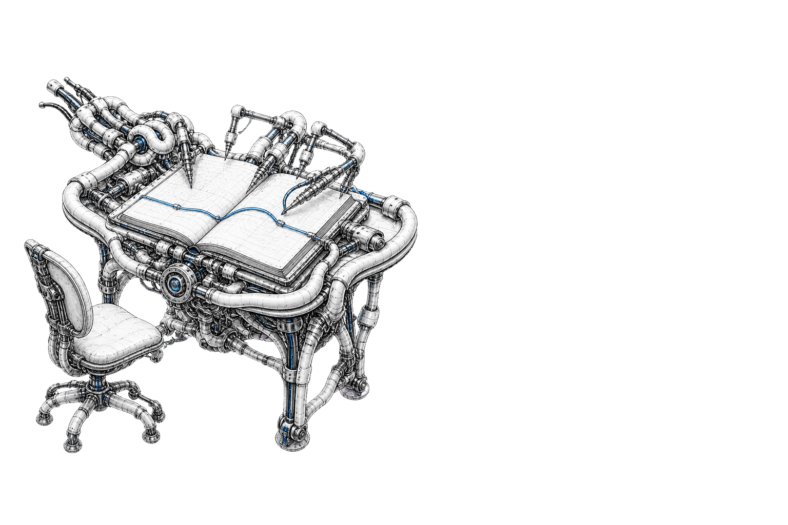A writing desk grown from tubular anatomical armature: an open ledger already filled in, several pens still poised above the page, and the chair pushed empty to one side.