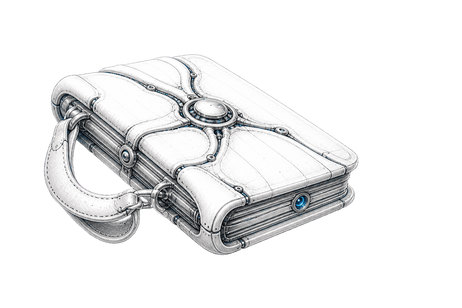 A closed carrying case in white and steel, ribbed along its spine like a bound volume, its handle folded down and a single cobalt lens set into the edge.