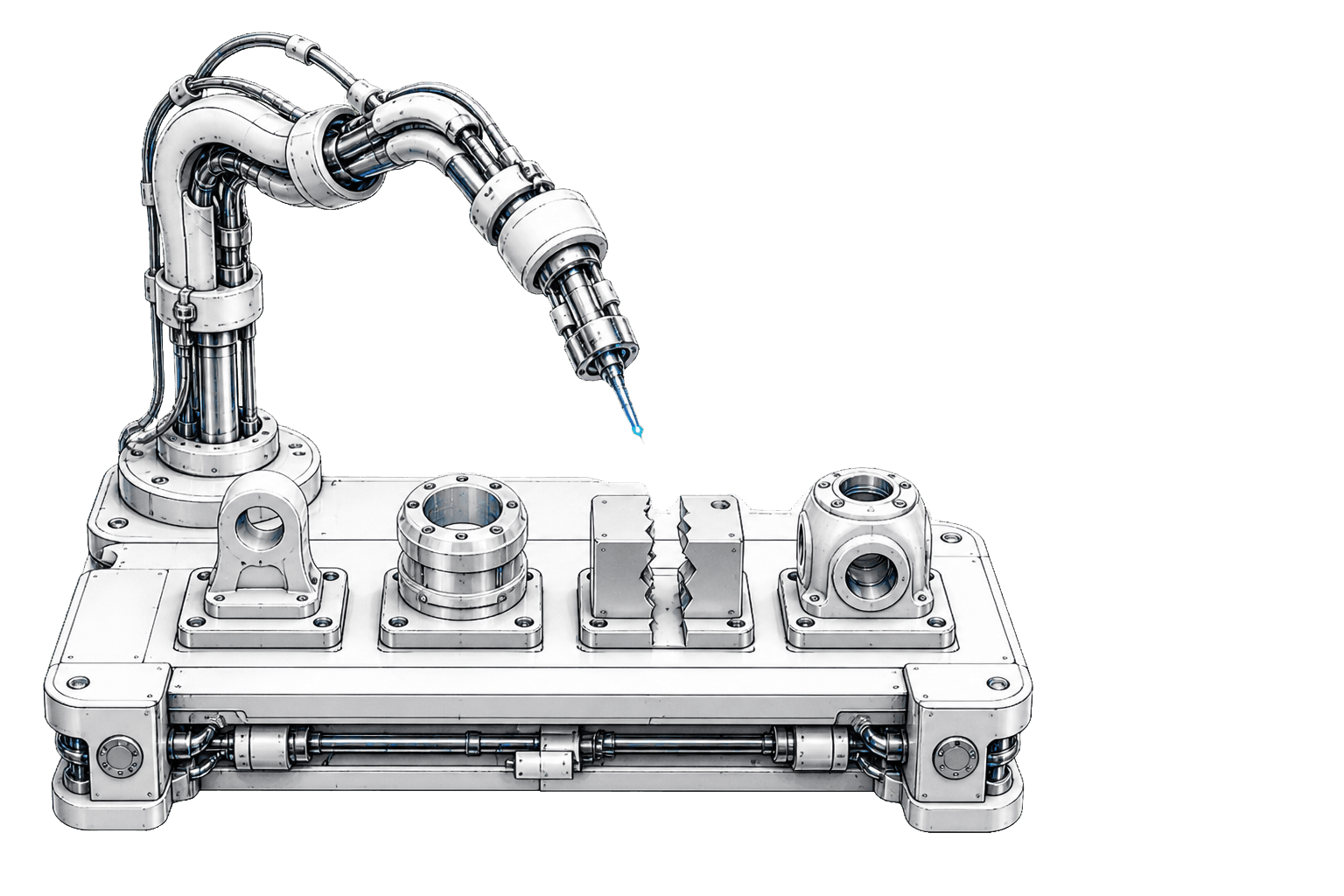 An inspection bench holding four mounted specimens with a probe arm lowered over the third, whose face is split by a visible crack; the probe tip glows cyan.