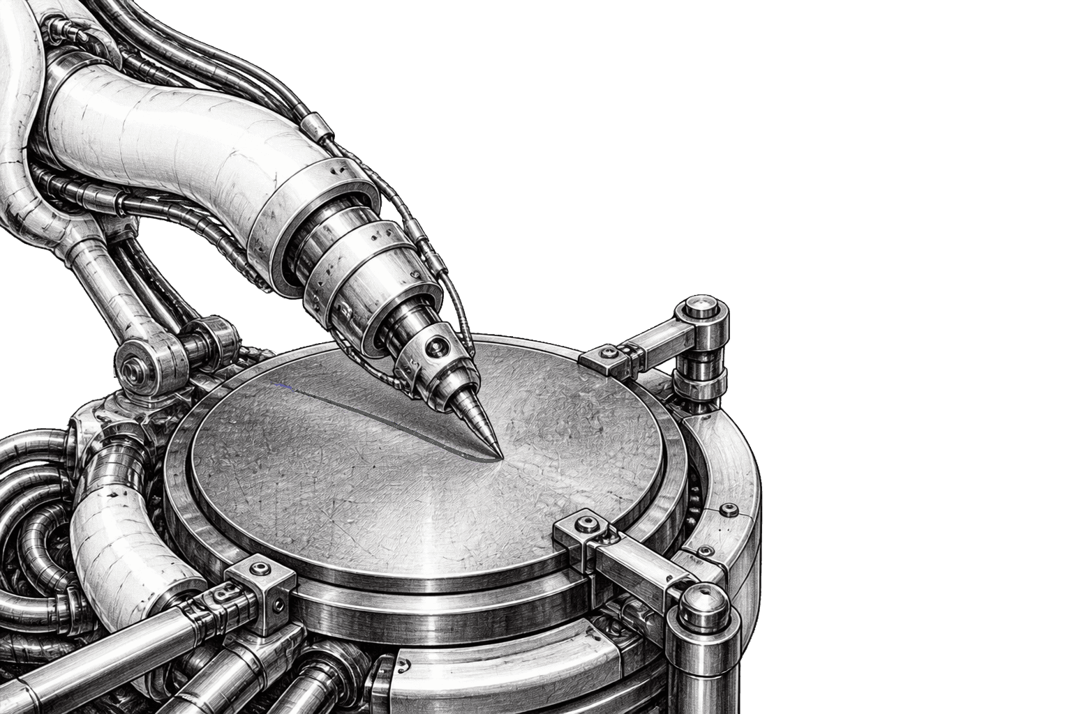 A stylus arm cutting one fresh line into a blank metal disc on a rotating bed, the cut still bright against the scored surface.