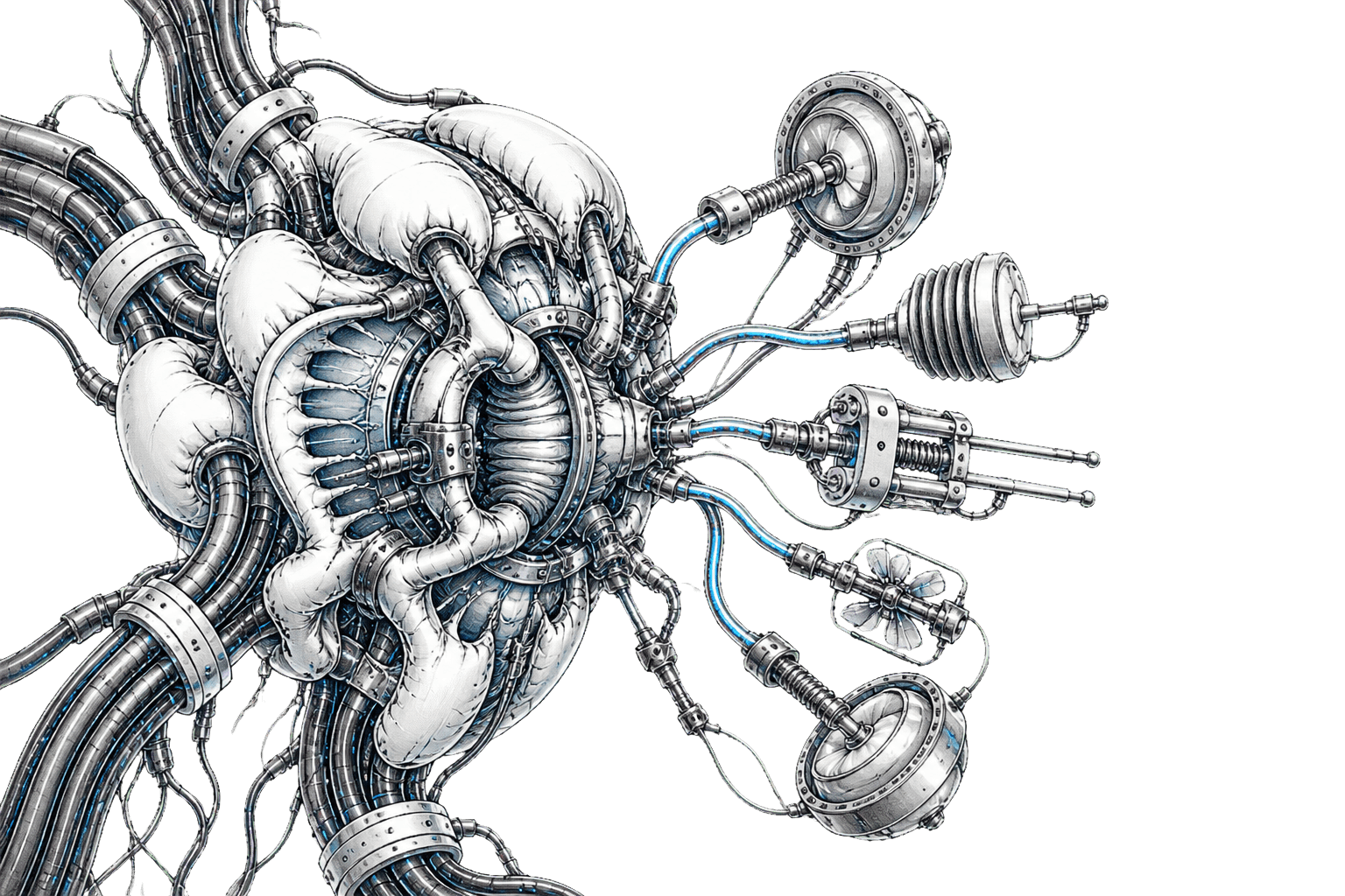 An anatomical core of lungs and vessels with six instruments plumbed into it on cyan-lined feeds: an impeller, a bellows, dial calipers, a vane, and two pressure vessels.